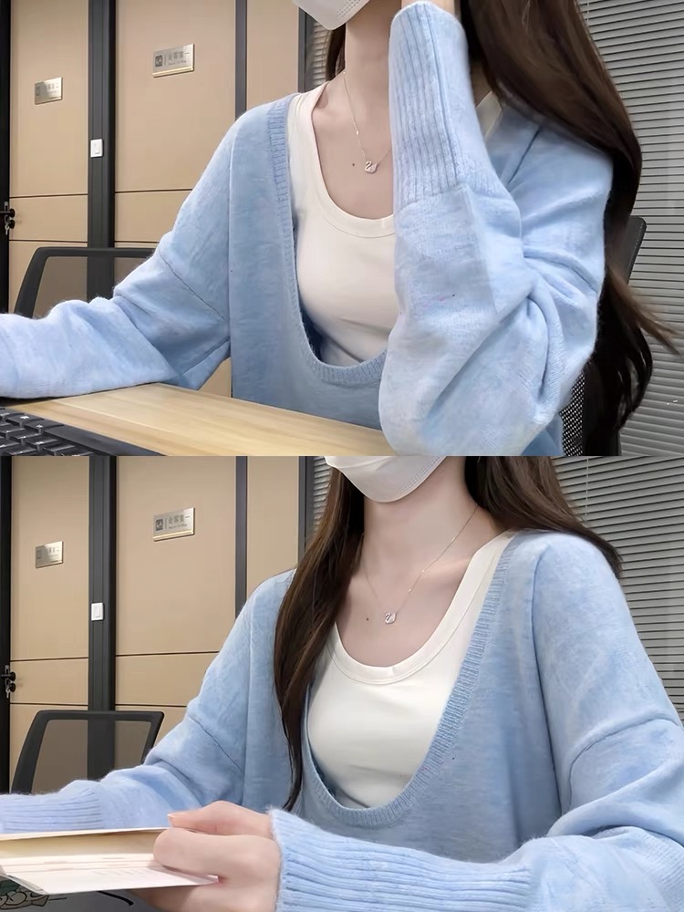 冷淡系慵懶風假兩件毛衣女春季新款設計感小眾內搭長袖針織衫上衣