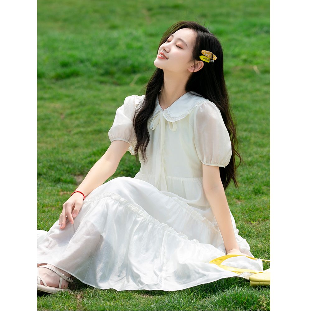 少女連衣裙仙氣超仙森系初中學生夏裝大童高中女生夏季白色公主裙