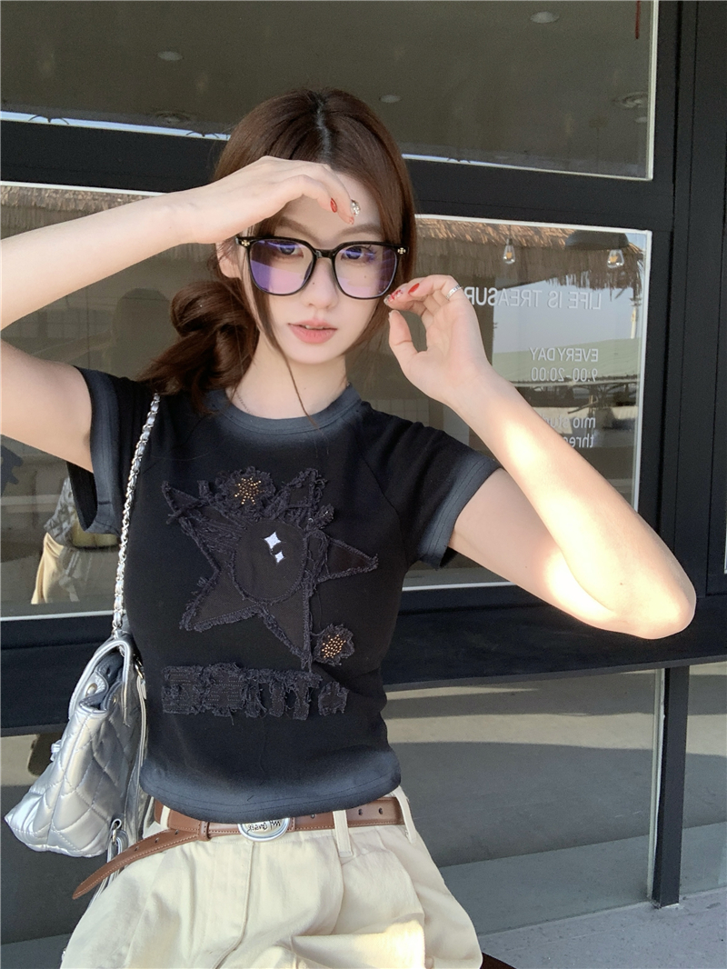 Real shot of Heavy Industry E Tian Xiwei's same retro washing water-made star-eyed short-sleeved T-shirt