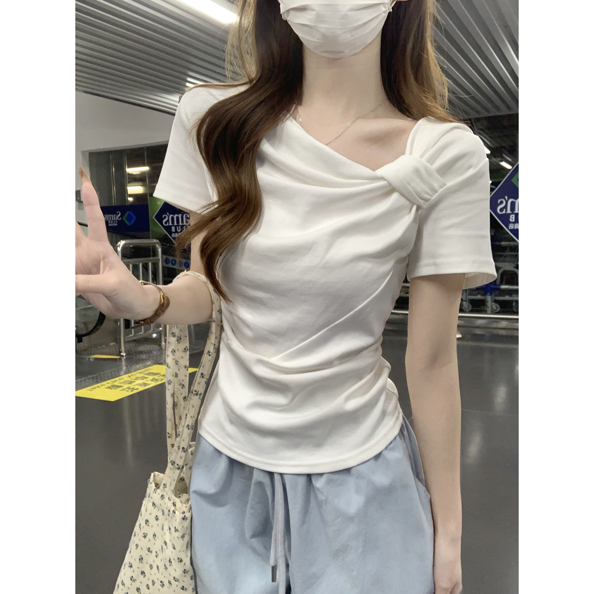 Real shot of spring and summer Korean style gentle knot design candy color versatile pure cotton short-sleeved T-shirt top for women