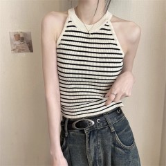 Summer Korean style striped halter neck knitted vest for women with small high waist slim sleeveless off-shoulder suspender short top