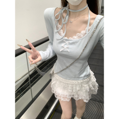 Real shot of spring Korean version of square collar spliced ​​lace contrast strap bow pure temptation T-shirt long-sleeved top