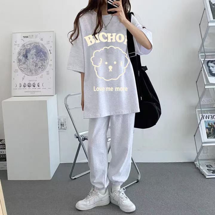 Women's Printed Pattern Letter Set Two-Piece Korean Round Neck Short Sleeve Trousers Two-Piece Set 2025 New Summer