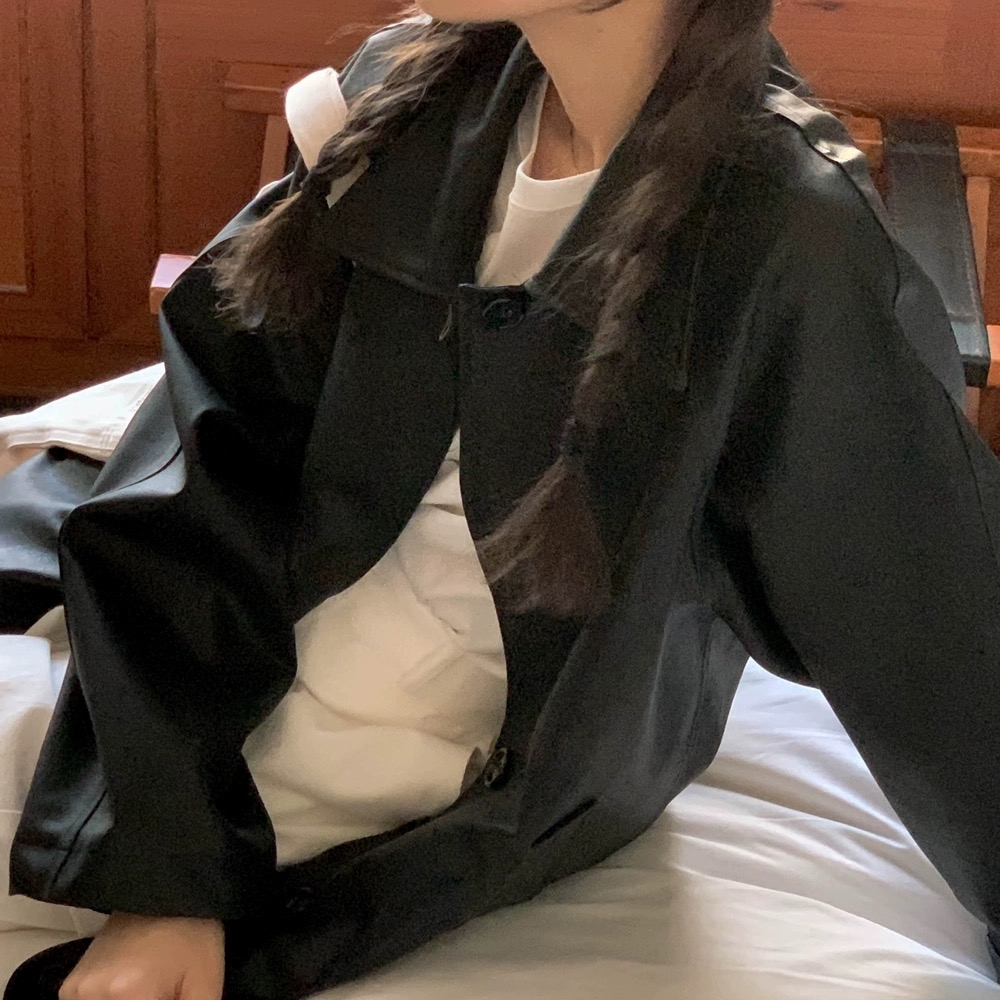 2025 Spring Collection Korean Style New Black Faux Leather Jacket Women's Hong Kong Style Casual PU Coat Medium Length Top