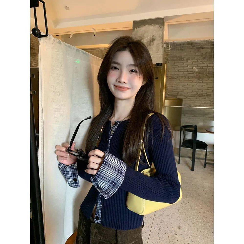 Red Man Pavilion knitted cardigan for women in autumn and winter new Korean style dressing style top fake two-piece sweater jacket