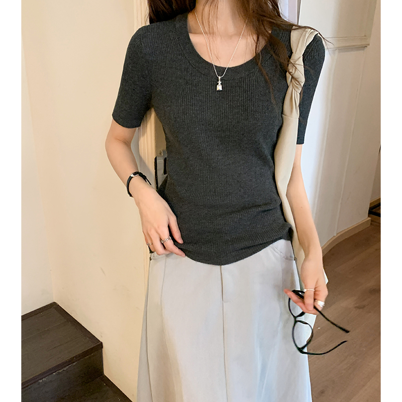 Real photo of U-neck, front shoulder ice silk sweater short sleeves for women, slim summer short T-shirt top 2025 new