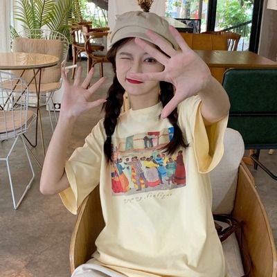 Japanese vintage trendy brand letter top for women in summer loose small short-sleeved T-shirt street couple half-sleeved shirt