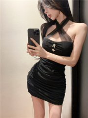 實拍~網紗掛脖吊帶連衣裙辣妹性感收腰包臀顯身材名媛抹胸裙