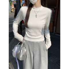 Real shot of spring Korean version round neck lace hem versatile 260g pure cotton long sleeve T-shirt top for women