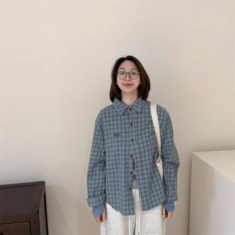 Blue and gray plaid grinding embroidered letter shirt early spring summer sun protection casual versatile top women's shirt jacket