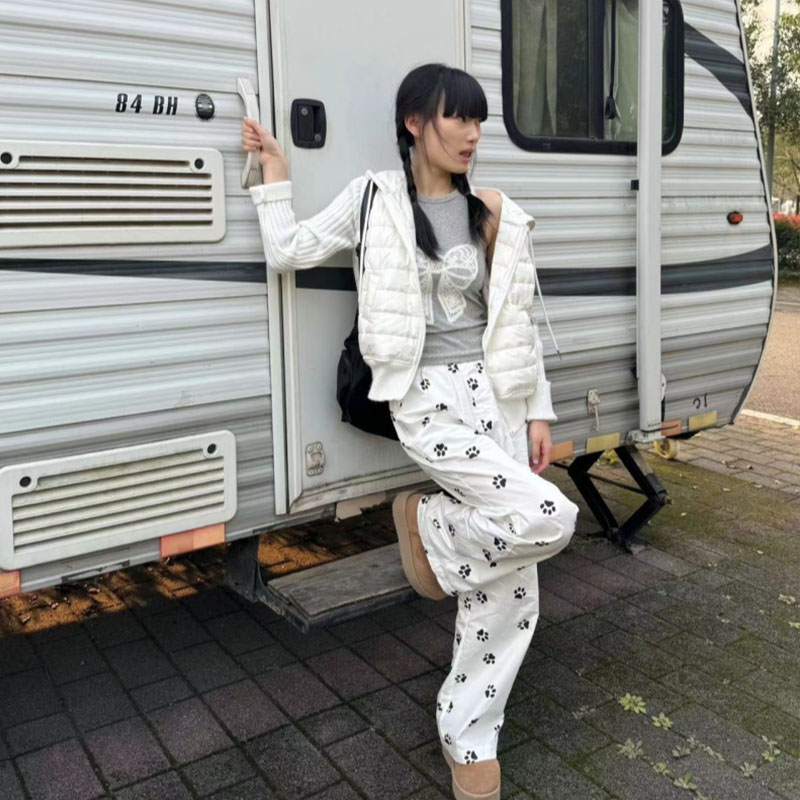 可愛狗腳印白色褲子女夏季薄款小個子寬鬆直筒休閒闊腿褲