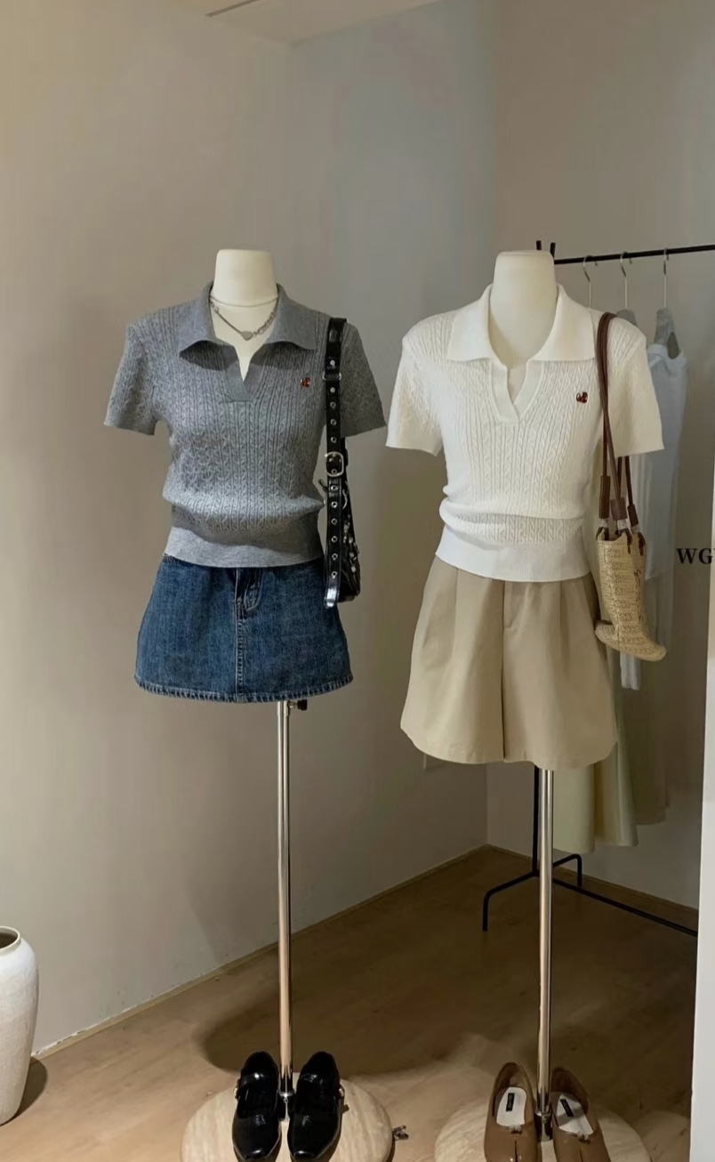 2025春夏季新款女學院甜美減齡時尚撞色刺繡絞花短袖冰絲針織衫