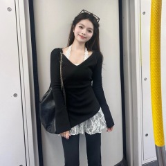 Korean pure lace halter neck suspender women's black V-neck irregular sweater spring outfit two-piece suit