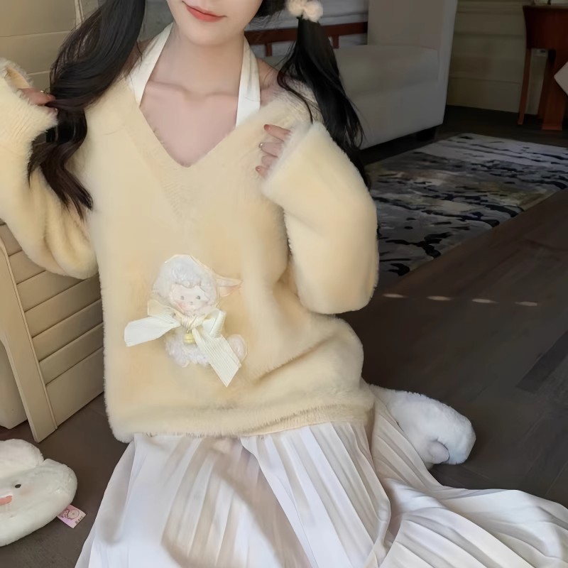 韓系奶fufu軟糯v領毛衣女新款秋冬慵懶風寬鬆仿貂絨針織上衣