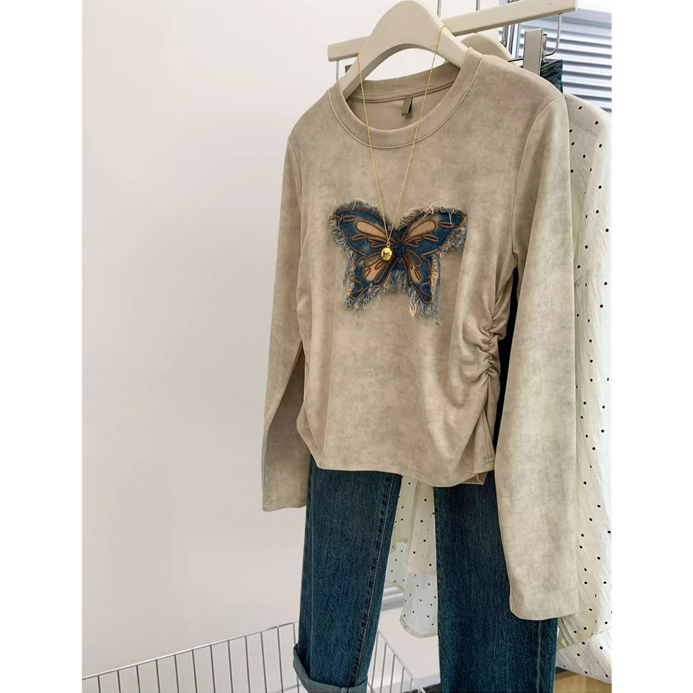 Official photo 92 cotton/8 spandex 40 220g pure cotton tie-dye butterfly shoulder short long-sleeved T-shirt for women