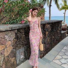 純欲蕾絲邊碎花吊帶連衣裙女夏度假風海邊沙灘裙辣妹高腰包臀裙子