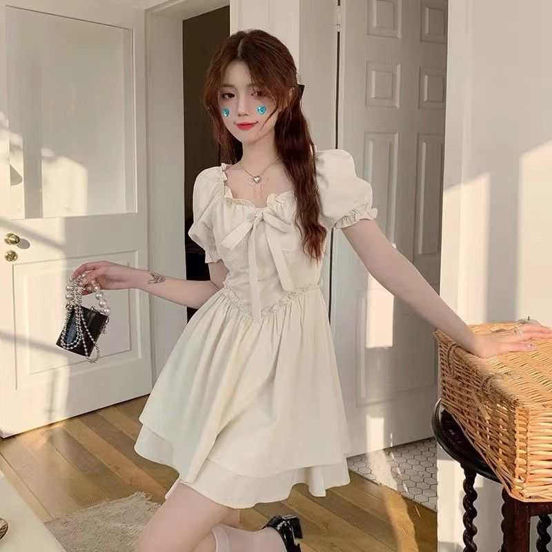 甜美超仙小個子2025雙層蓬蓬短裙女夏純色木耳邊泡泡袖收腰連衣裙