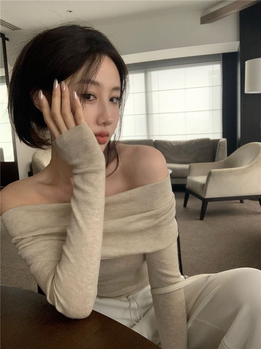 260g men's cotton apricot design sense one-shoulder women's autumn long-sleeved tight base hot girl sexy short top