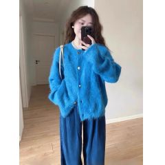 韓版高級感軟糯克萊因藍色針織開衫機能風辣妹長袖時尚毛衣外套女