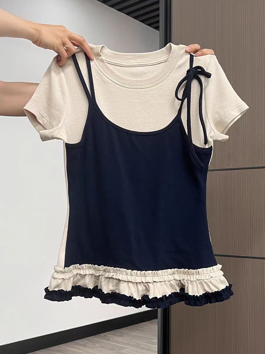 1×1 freely 260g original workmanship, fake two-piece short-sleeved T-shirt women's top with ballet style ear hem