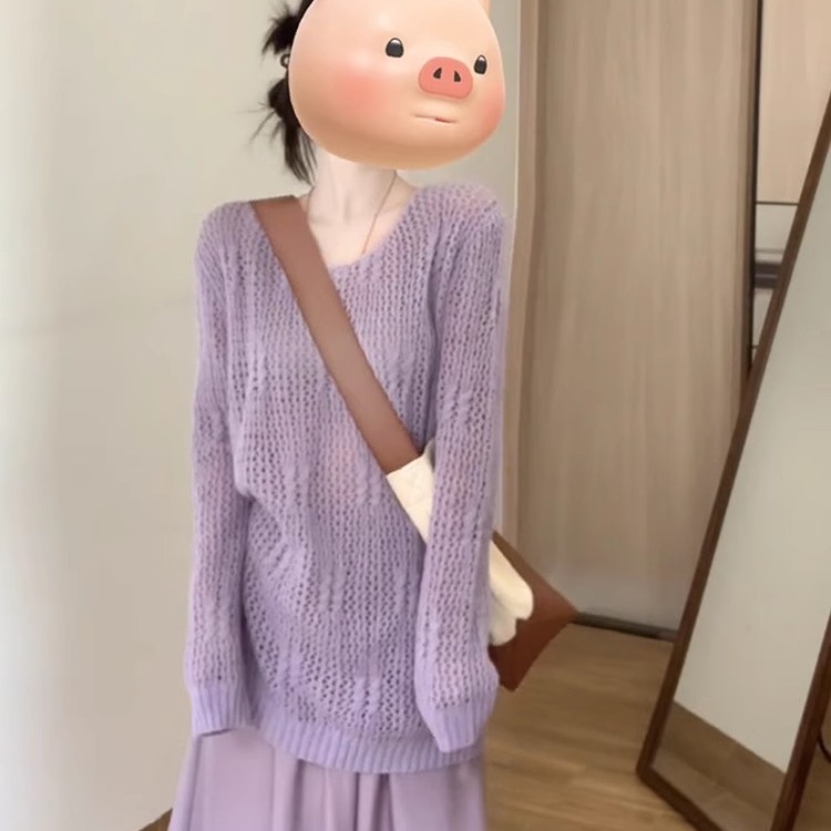 初秋韓系氛圍感紫色長袖針織衫女春秋奶fufu毛衣外搭寬鬆鏤空上衣