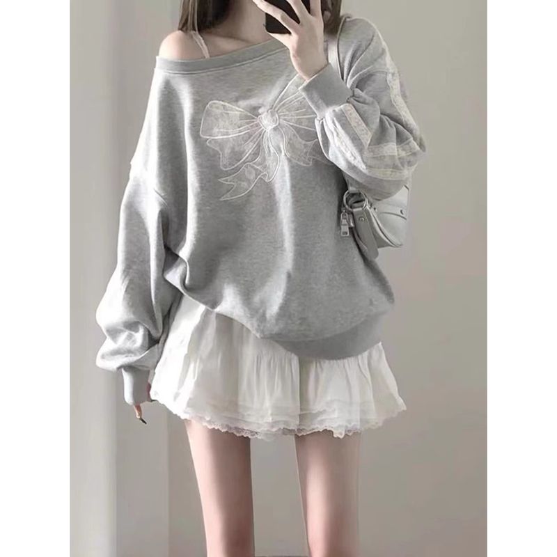 原版蕾絲華棉複合休閒長袖寬鬆蝴蝶結衛衣女