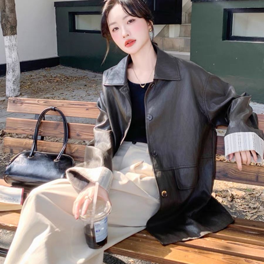 Early spring new American retro old leather leather jacket for women's 2025 motorcycle windbreaker PU leather jacket