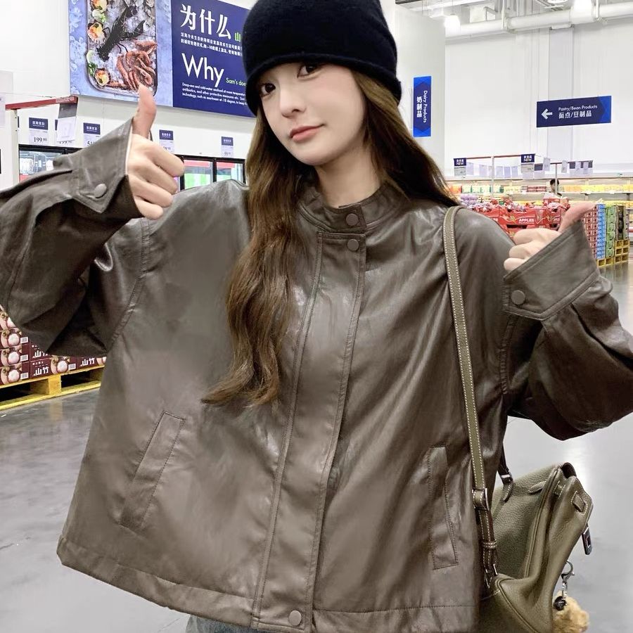 Ankorah Red Retro Motorbike PU Leather Jacket for Women, 2025 Spring New Fashion Youthful Short-Pocket Leather Jacket