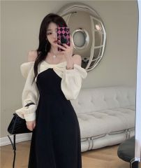 2025大碼春裝氣質露肩連衣裙女新款胖妹妹遮肚顯瘦法式赫本風裙子