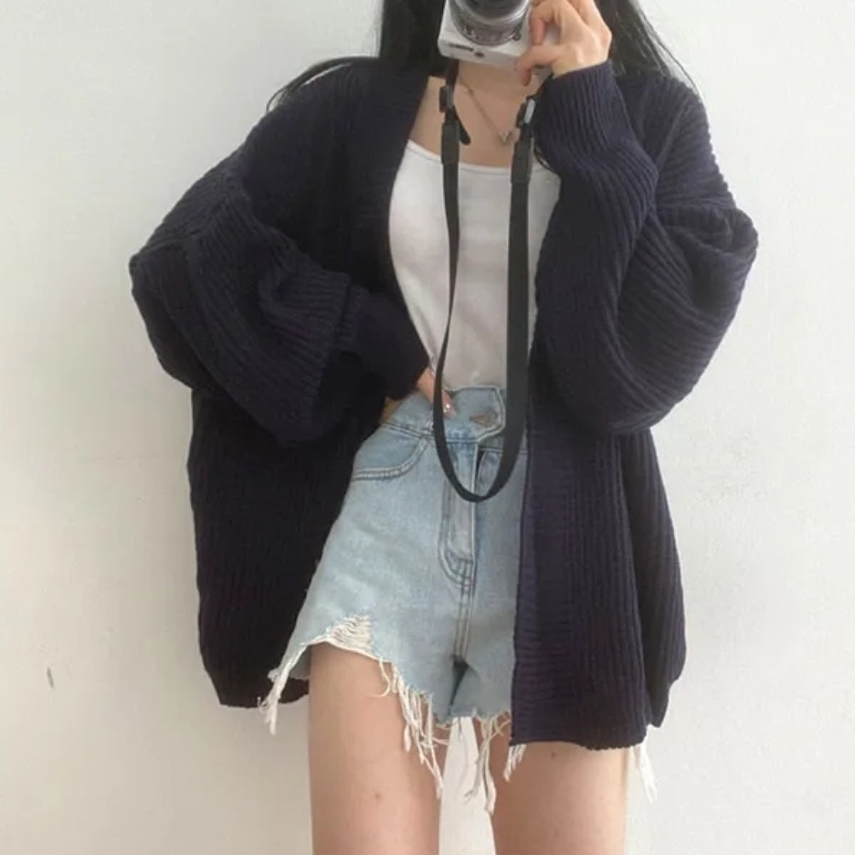 Korean chic early spring casual jacket lazy style loose versatile mid-length sweater cardigan for women