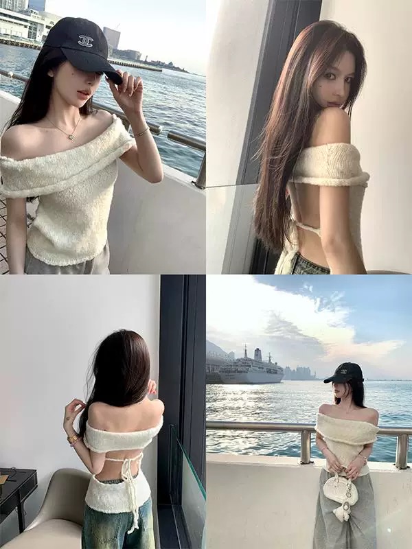 titi小姐姐浪漫收藏家針織衫女春一字肩露背系帶修身打底上衣