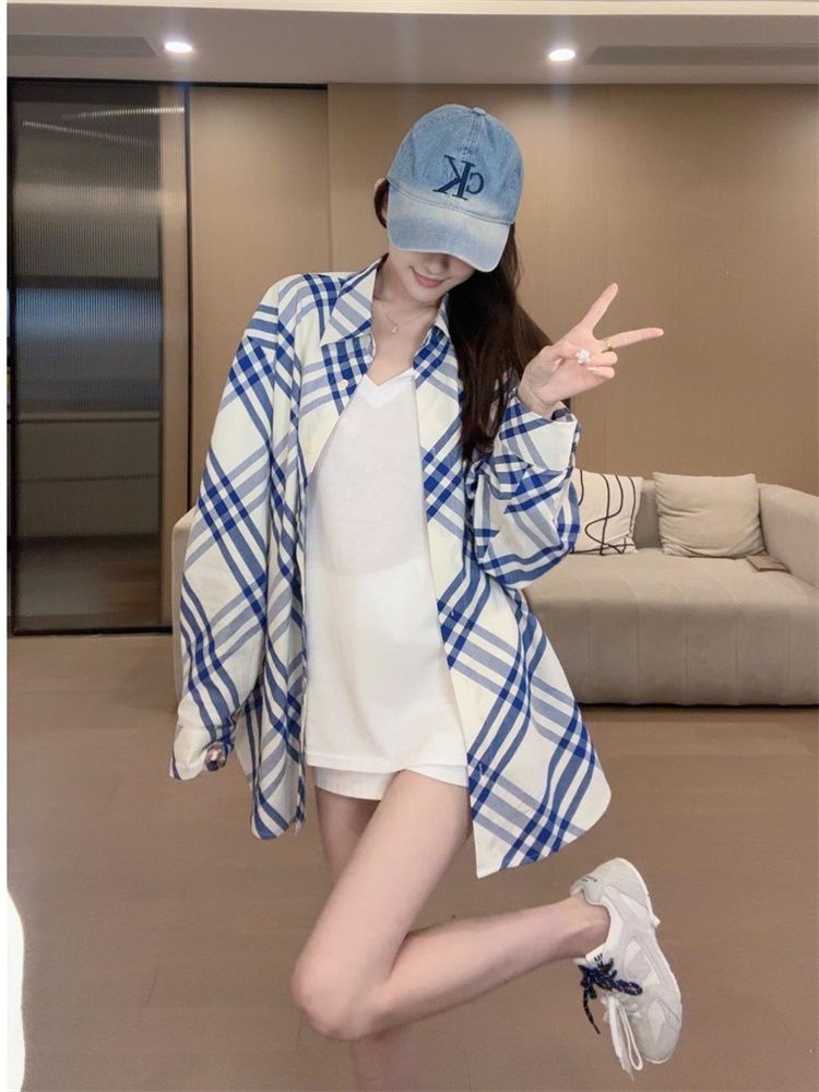 韓版氣質撞色格紋襯衫女秋季職業通勤新款襯衣獨特超好看上衣外套