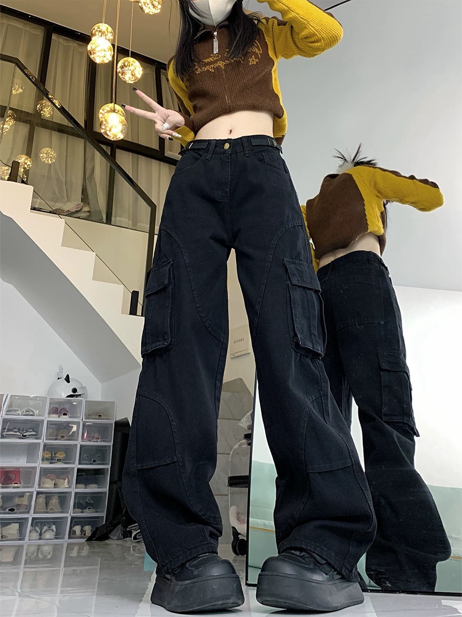美式高街vibe工裝褲女春秋季復古寬鬆休閒百搭直筒黑色牛仔褲