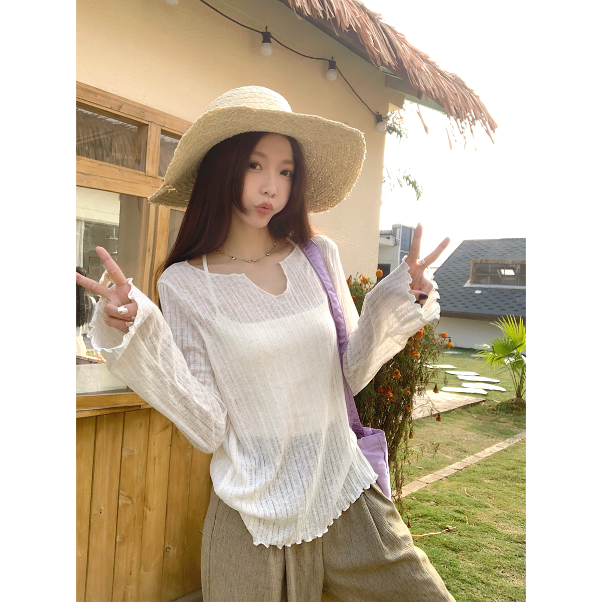 Real shot of spring and summer Korean style loose half-open collar lazy sunscreen blouse versatile long-sleeved T-shirt top for women