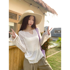 Real shot of spring and summer Korean style loose half-open collar lazy sunscreen blouse versatile long-sleeved T-shirt top for women