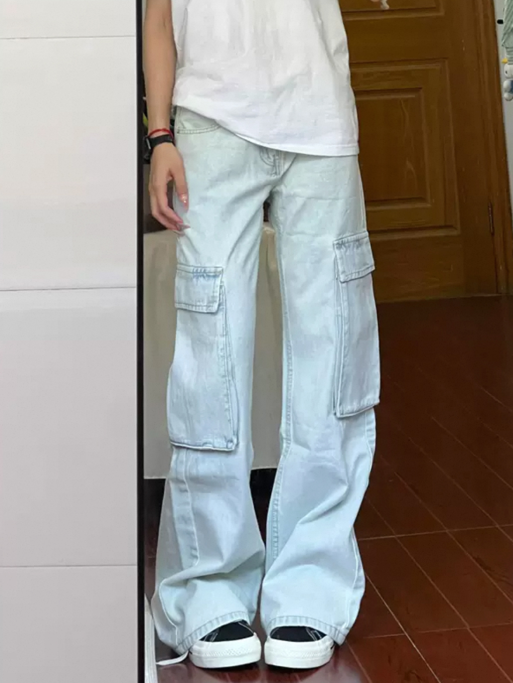 學院風淺色闊腿工裝褲女春季新款美式高腰寬鬆顯瘦百搭直筒拖地褲