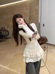 Original fabric + lace, half turtle neck T-shirt for women, spring design, slim fit inner mid-length top