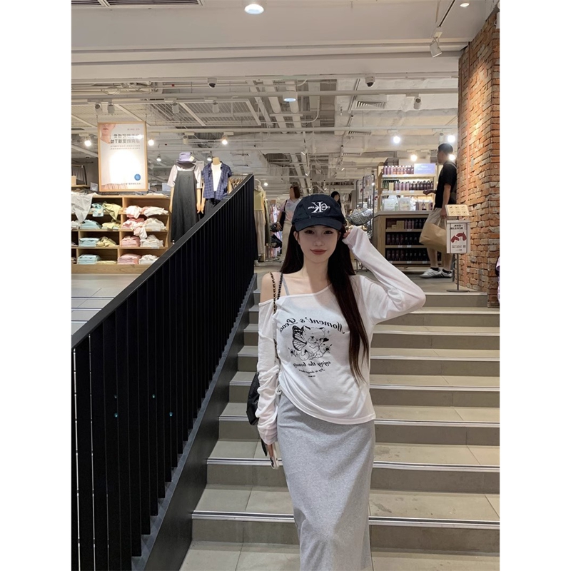 原版面料貓咪印花露肩T恤女寬鬆防曬罩衫抽繩上衣