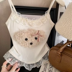 2025 plush puppy spliced ​​lace suspender vest autumn and winter new sweet and cute beautiful back slim and short style