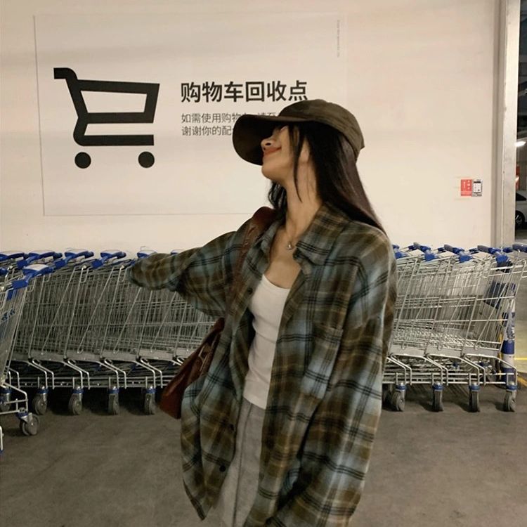 春秋美式復古格子襯衫女長袖寬鬆百搭疊穿慵懶街頭襯衣外套女