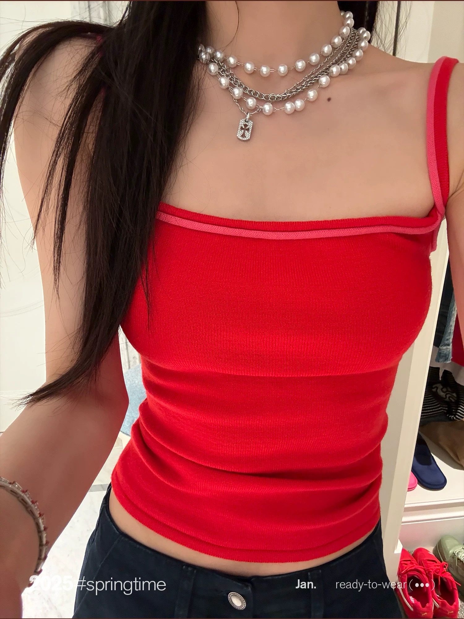 撞色針織吊帶女初春2025新款紅色性感百搭短款修身上衣
