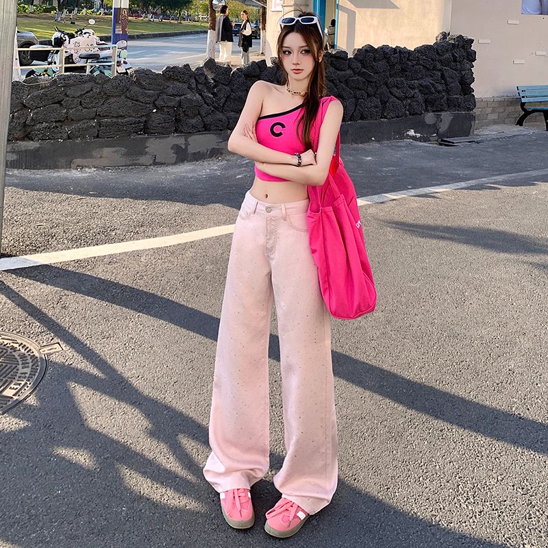 Real shot of 2025 spring fashion trend casual pants for women high waist vertical leg pants