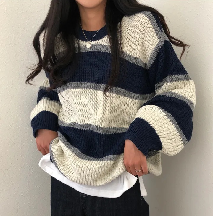 Korean chic early spring round neck pull-out striped sweater for women versatile loose lazy style knitted top