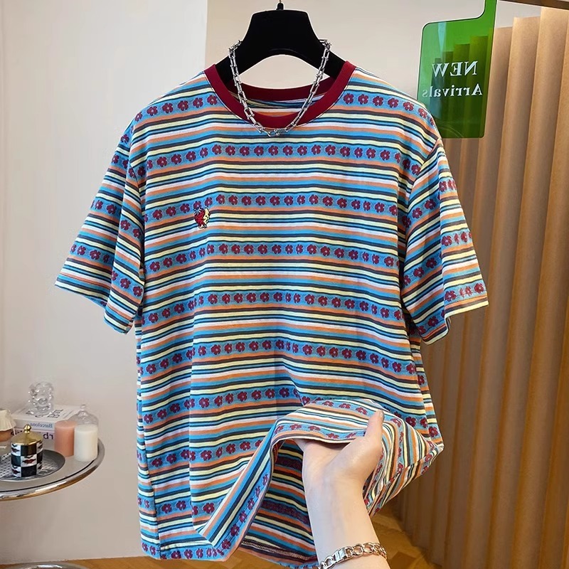 刺繡原版布料特大碼240斤撞色條紋多巴胺短袖t恤女