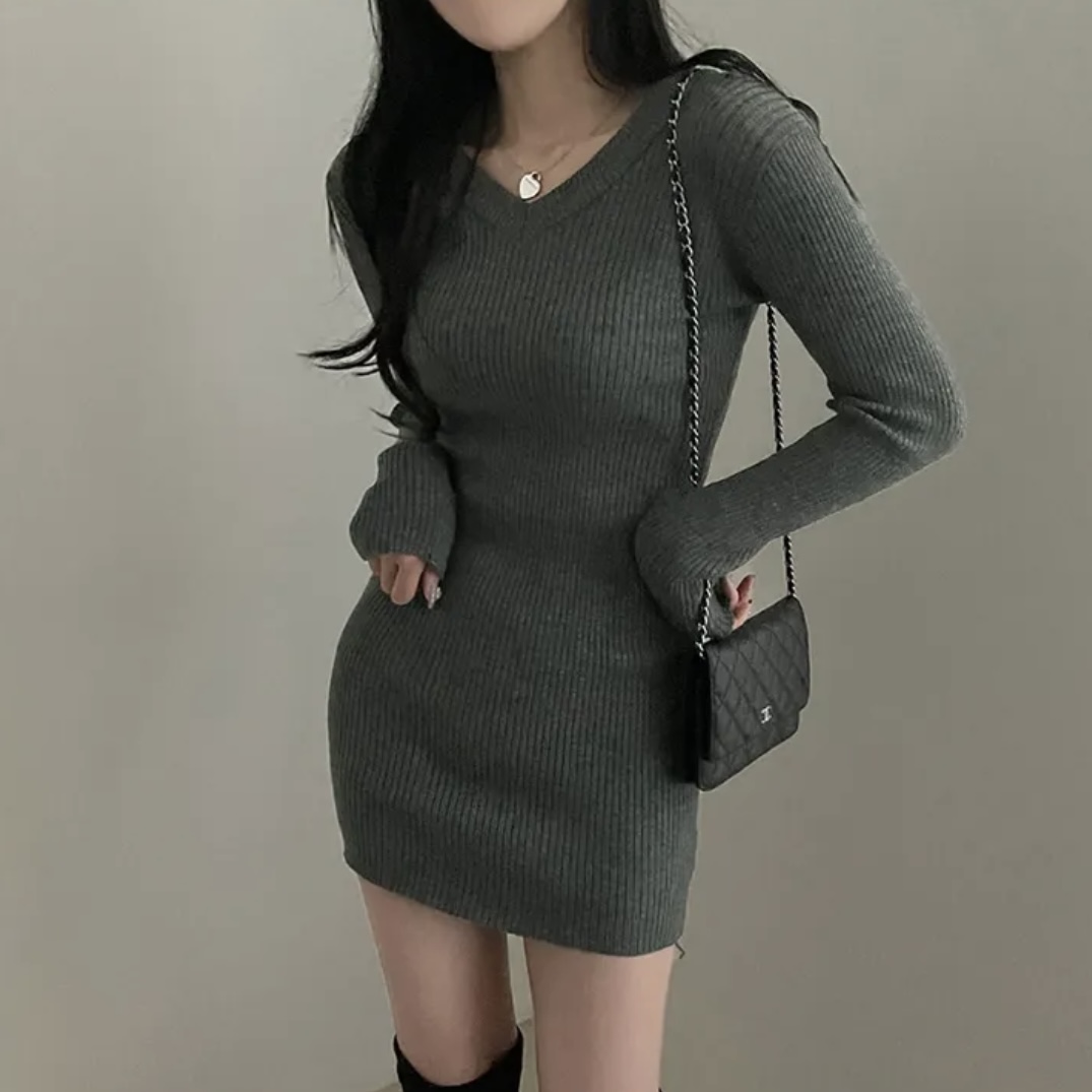 Korean chic slim v-neck base knitted dress for women hip-covering skirt