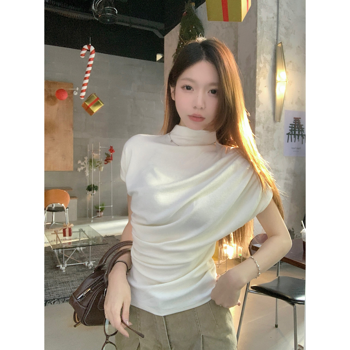 Real shot of spring and summer Korean style semi-high neck pleated design cashmere slimming versatile short-sleeved T-shirt top