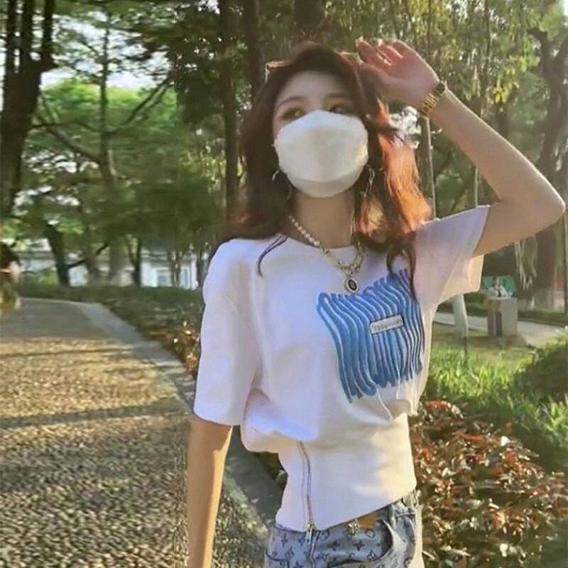 純棉白色短袖t恤女2025夏季新款收腰短款拉鏈設計感小眾休閒上衣