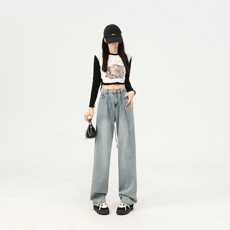 Real shot of 2025 spring fashion Korean retro old tie rope high waist wide-leg jeans for women