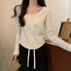 Real shot of the new spring square collar fish bone button design versatile long-sleeved base T-shirt women's top