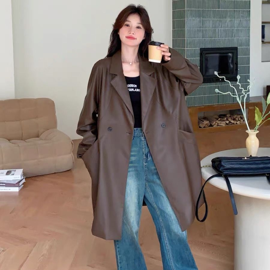 咖色高級感中長款西裝pu皮衣外套女2025春季新款寬鬆休閒氣質風衣